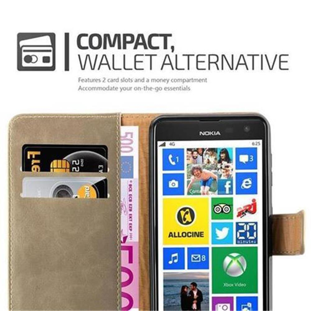 Una funda de billetera beige con un teléfono, dinero y tarjetas. El texto dice: Alternativa de billetera compacta.