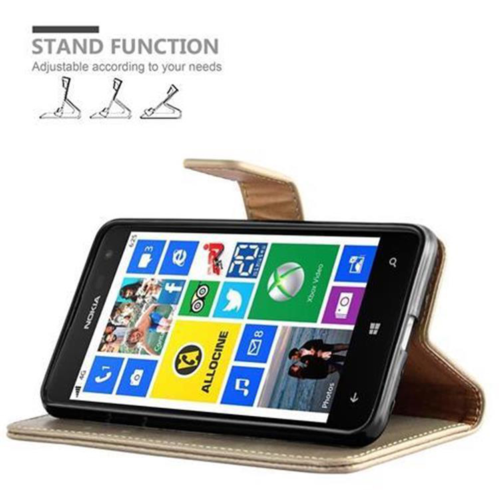 Un teléfono en una funda que puede ponerse de pie. La pantalla del teléfono muestra la pantalla de inicio con diferentes aplicaciones.