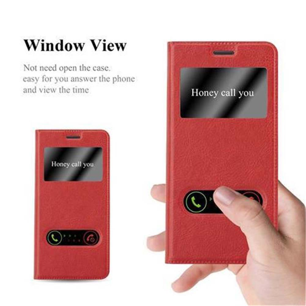 Due custodie rosse per telefono mostrano una vista finestra. Il telefono mostra Honey call you. Una mano tiene un telefono.