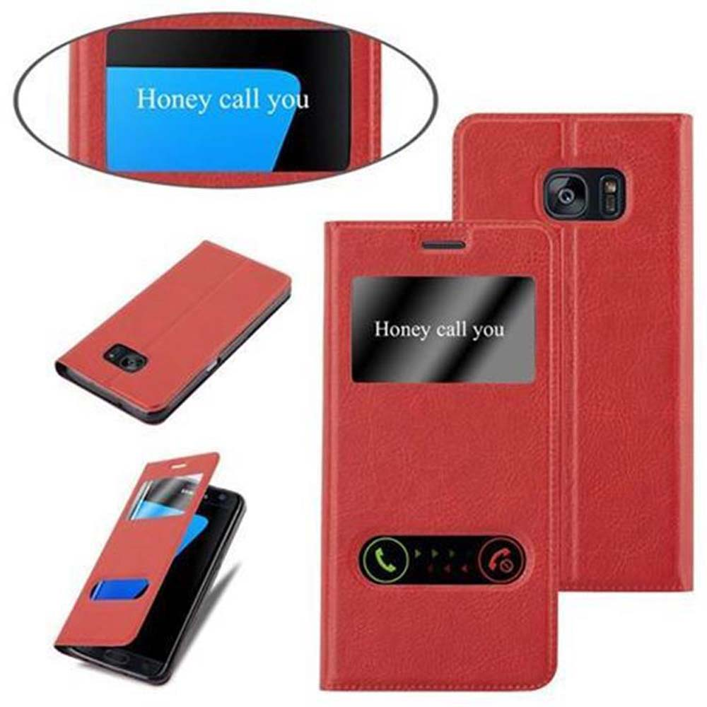 Custodia per telefono rossa con finestra. Telefono in custodia. Sfondo rosso. Custodia aperta. Testo "Honey call you".