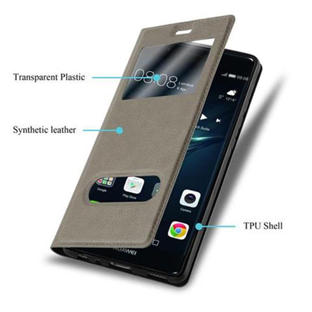 Telefon mit geöffneter Hülle. Graues Gehäuse. Transparente Kunststoffabdeckung. Das Telefon ist schwarz.