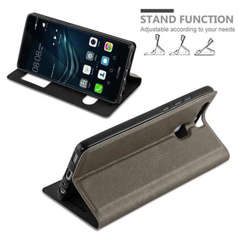 Graue Handyhülle, offen. Telefon innen, Bildschirm an. Standfunktion-Zeichen befindet sich oben rechts.