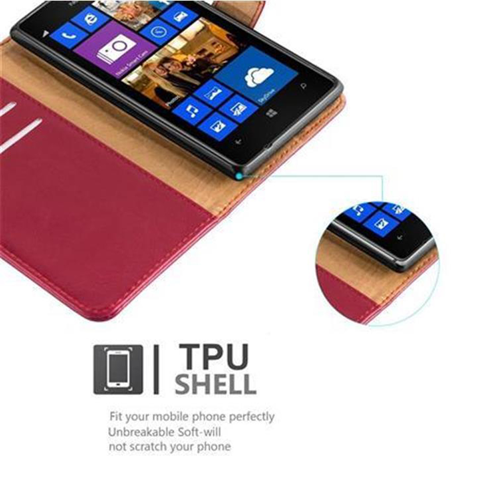 Telefono in una custodia, aperto, che mostra lo schermo. La custodia è rossa e marrone chiaro con un guscio in TPU.