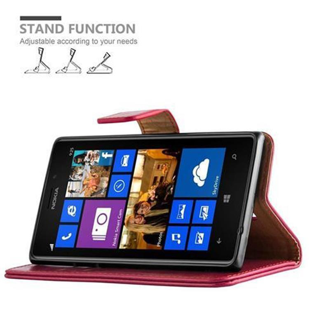 Telefono Nokia in una custodia, funzione supporto. Il telefono mostra le icone delle app. Custodia rossa.