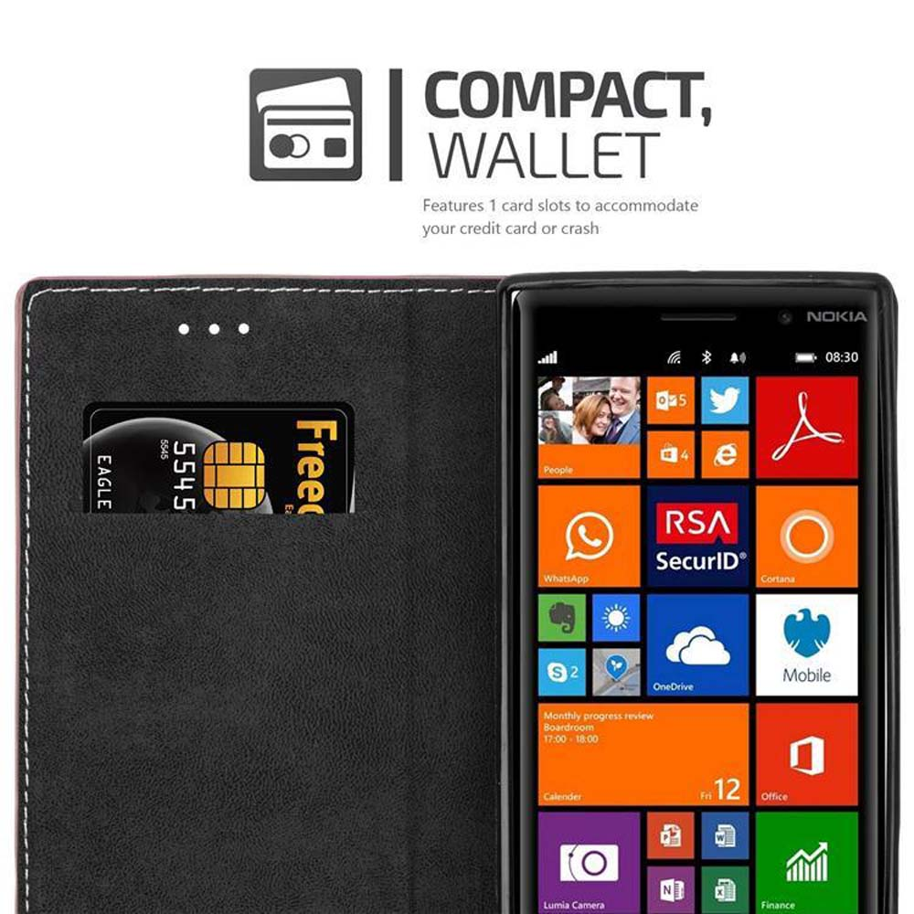 Custodia nera aperta, che mostra un telefono Nokia con app, carta di credito e portafoglio.
