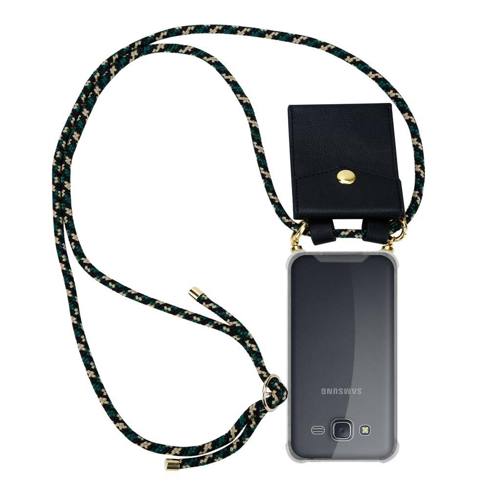 Cinturino per telefono nero e verde a forma di corda con custodia e piccola pochette nera.