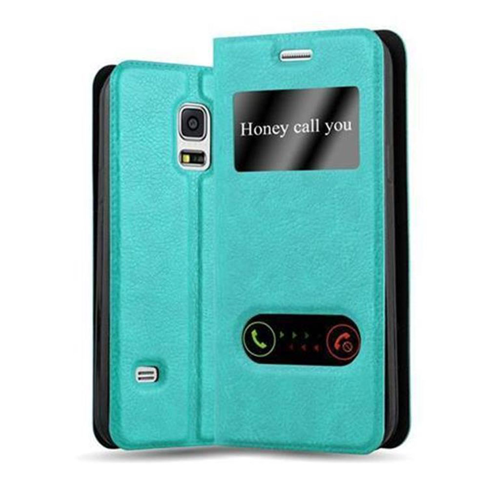Funda de teléfono turquesa con vista de ventana, mostrando una interfaz de llamada.