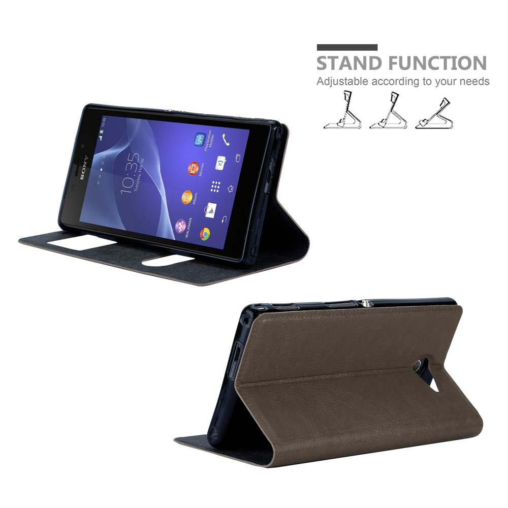 Un teléfono en una funda marrón está abierto, mostrando la pantalla. La funda se puede usar como soporte.