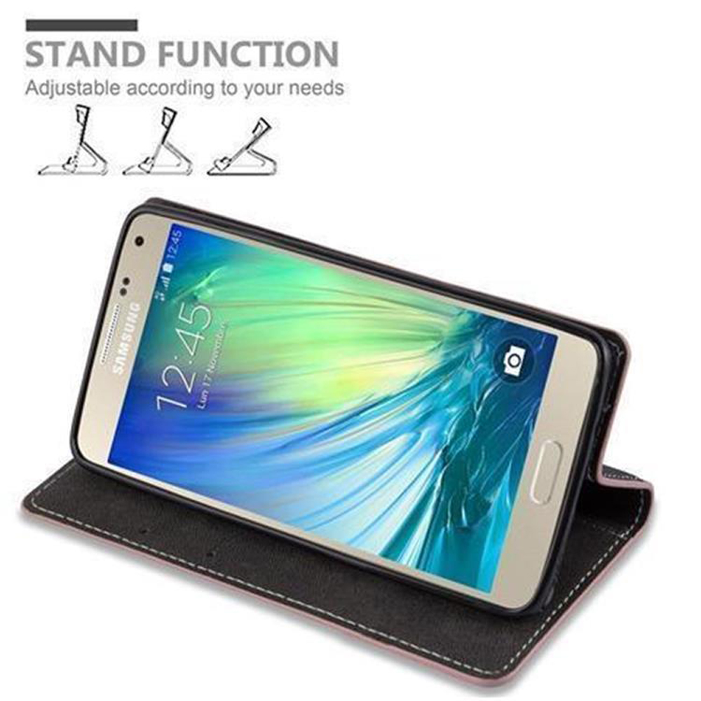 Schwarze Handyhülle mit Telefon, geöffnet zum Aufstellen. Text: Standfunktion. Anpassbar an Ihre Bedürfnisse.