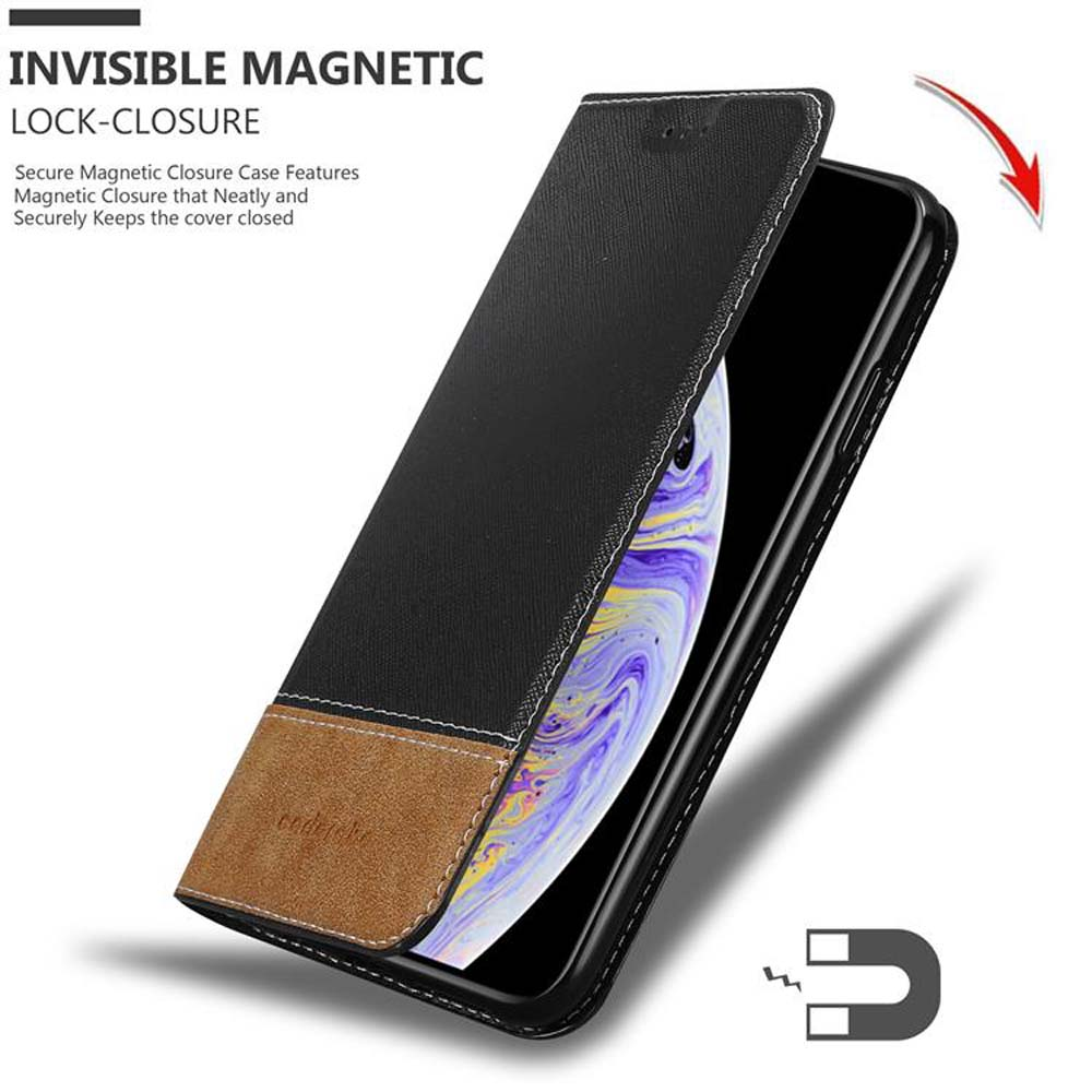 Geöffnete Handyhülle mit Telefon. Innen schwarz, außen schwarz und braun. Magnet sichtbar.