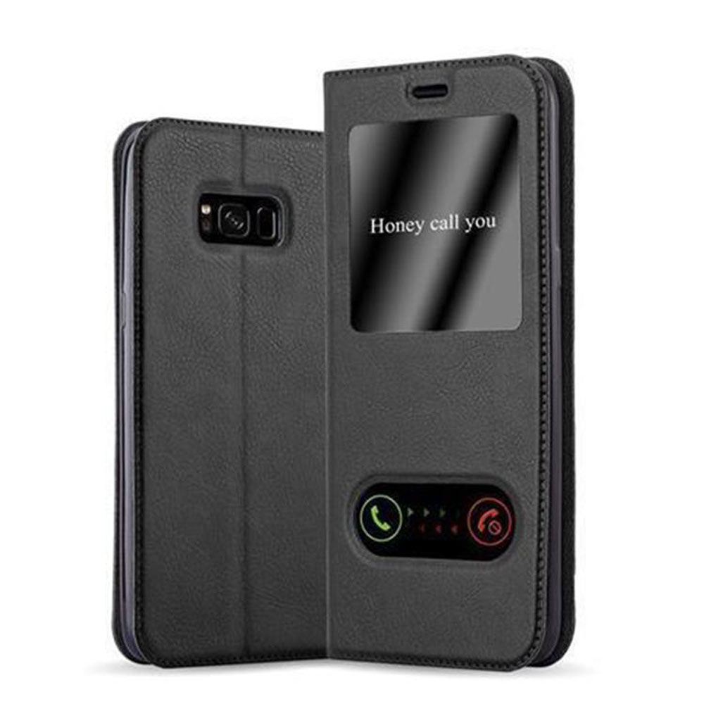 Dos fundas negras para teléfono. Una abierta mostrando una pantalla con el texto Honey call you, iconos de teléfono.