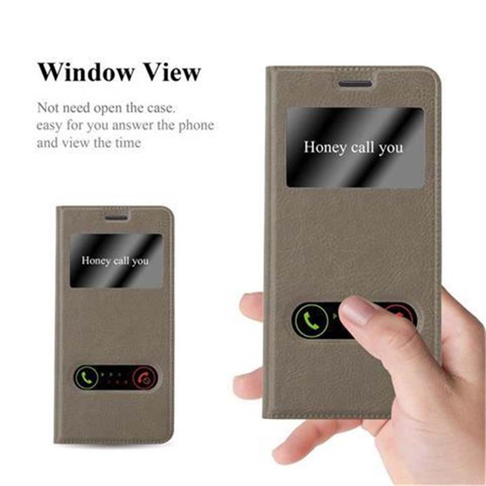 Custodia per telefono con vista finestra. La finestra mostra una chiamata. La custodia è marrone.