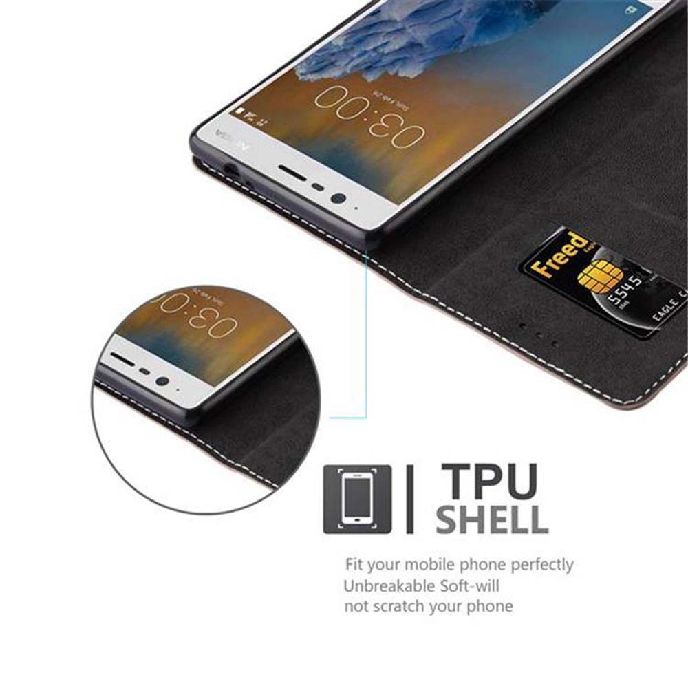 Telefon in schwarzer Geldbörsenhülle mit Kreditkarte. Text: TPU-Schale.