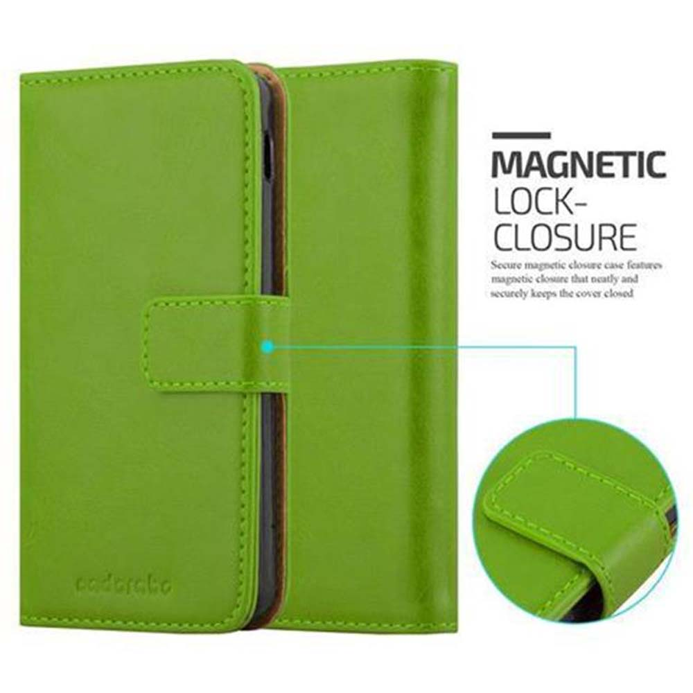 Funda de teléfono verde, con cierre magnético. La funda está cerrada. Un círculo muestra el cierre.