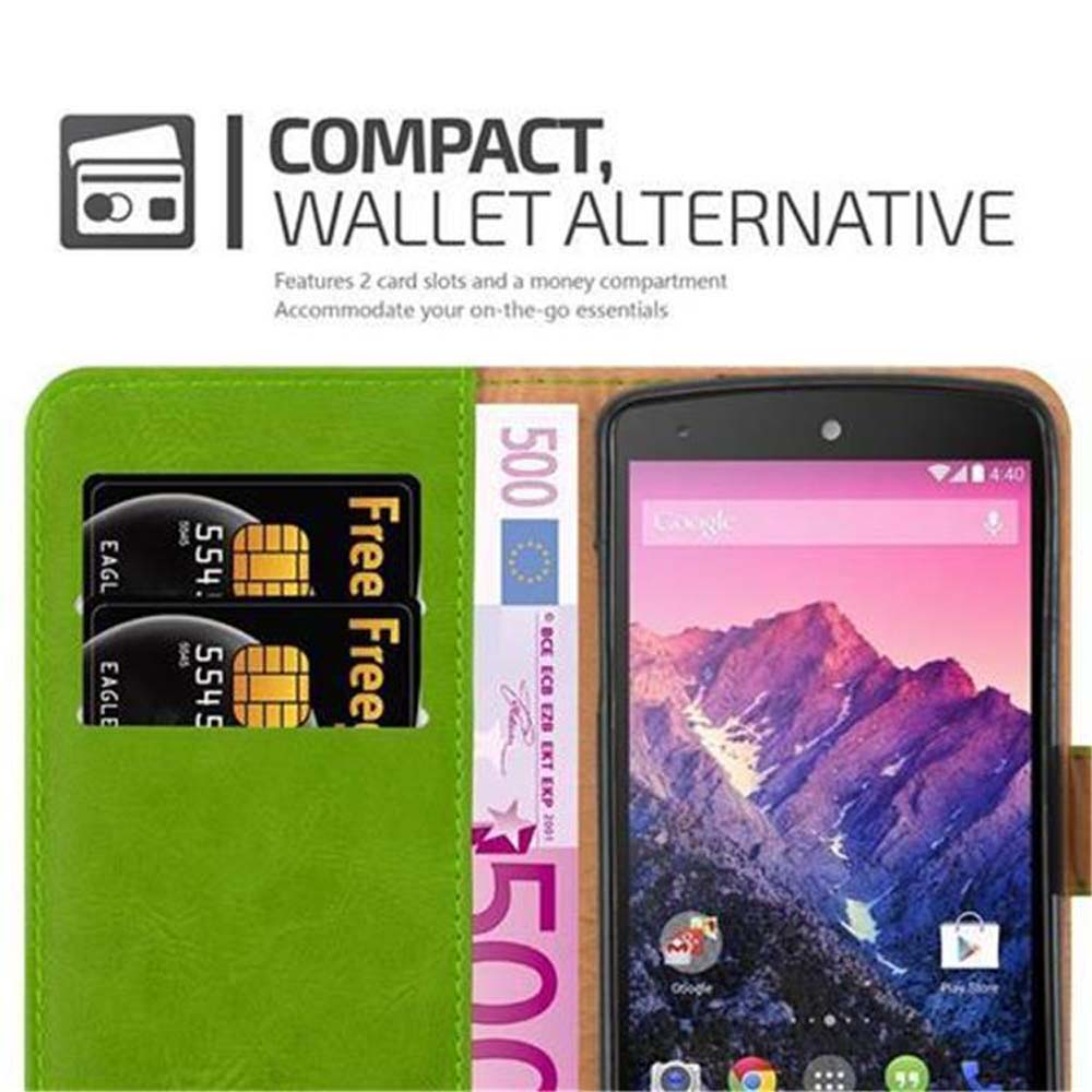 Funda verde con ranuras para tarjetas, dinero. Teléfono muestra montañas. Tarjetas dicen 'Free'.