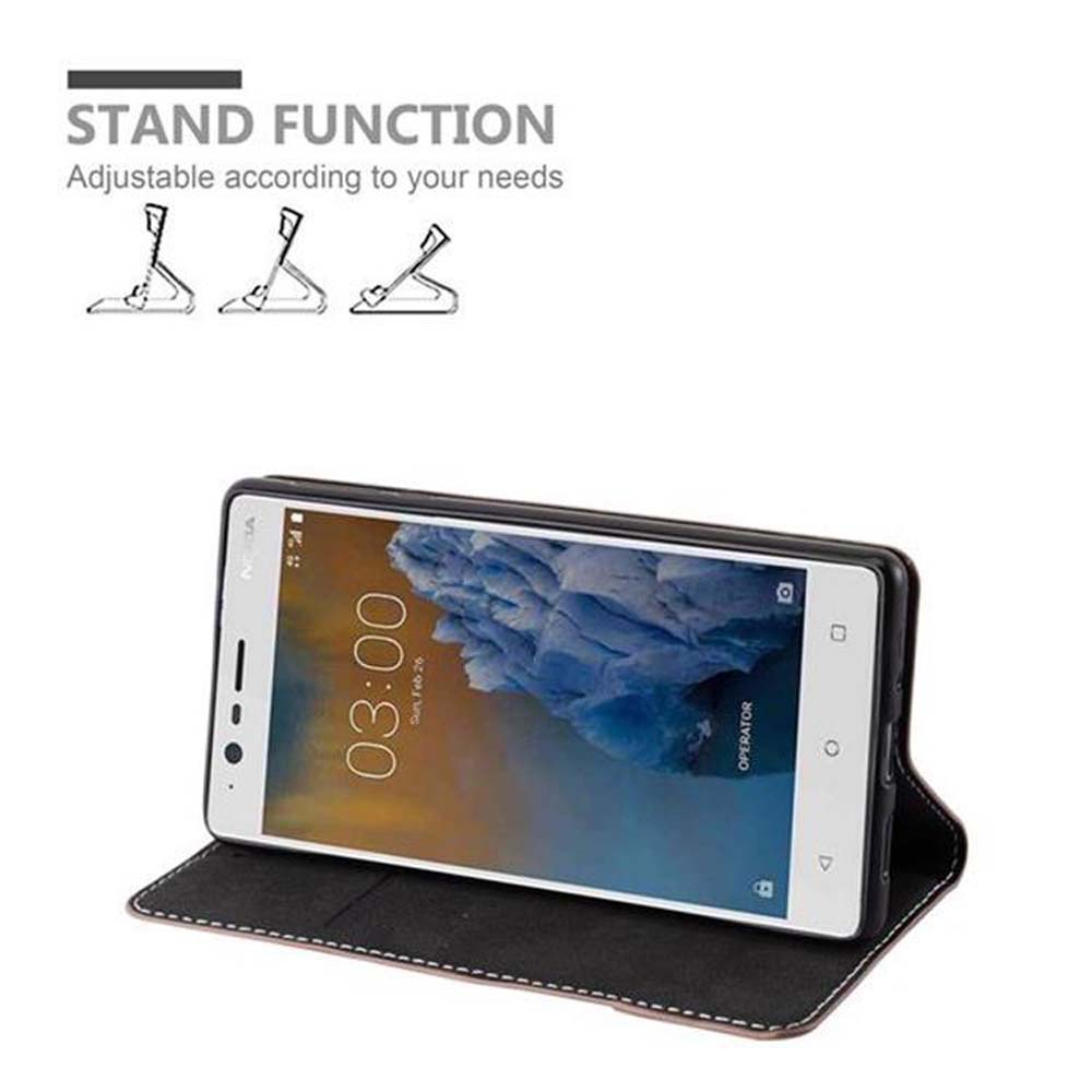 Ein Telefon in einer schwarzen Hülle ist geöffnet und zeigt den Bildschirm und eine Standfunktion.