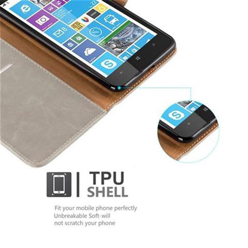 Primo piano di un telefono in una custodia marrone. Testo: 'TPU Shell'.