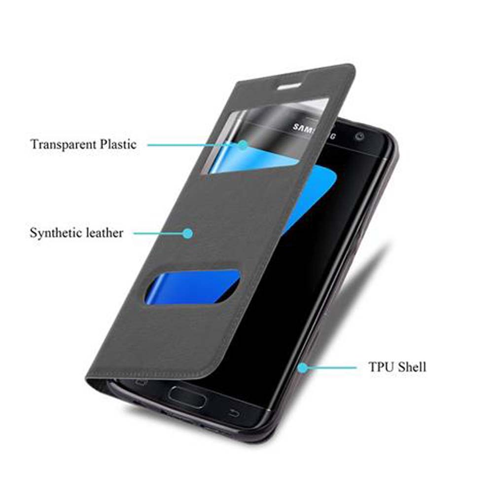 Un telefono in una custodia, con plastica trasparente e pelle sintetica, su sfondo bianco.