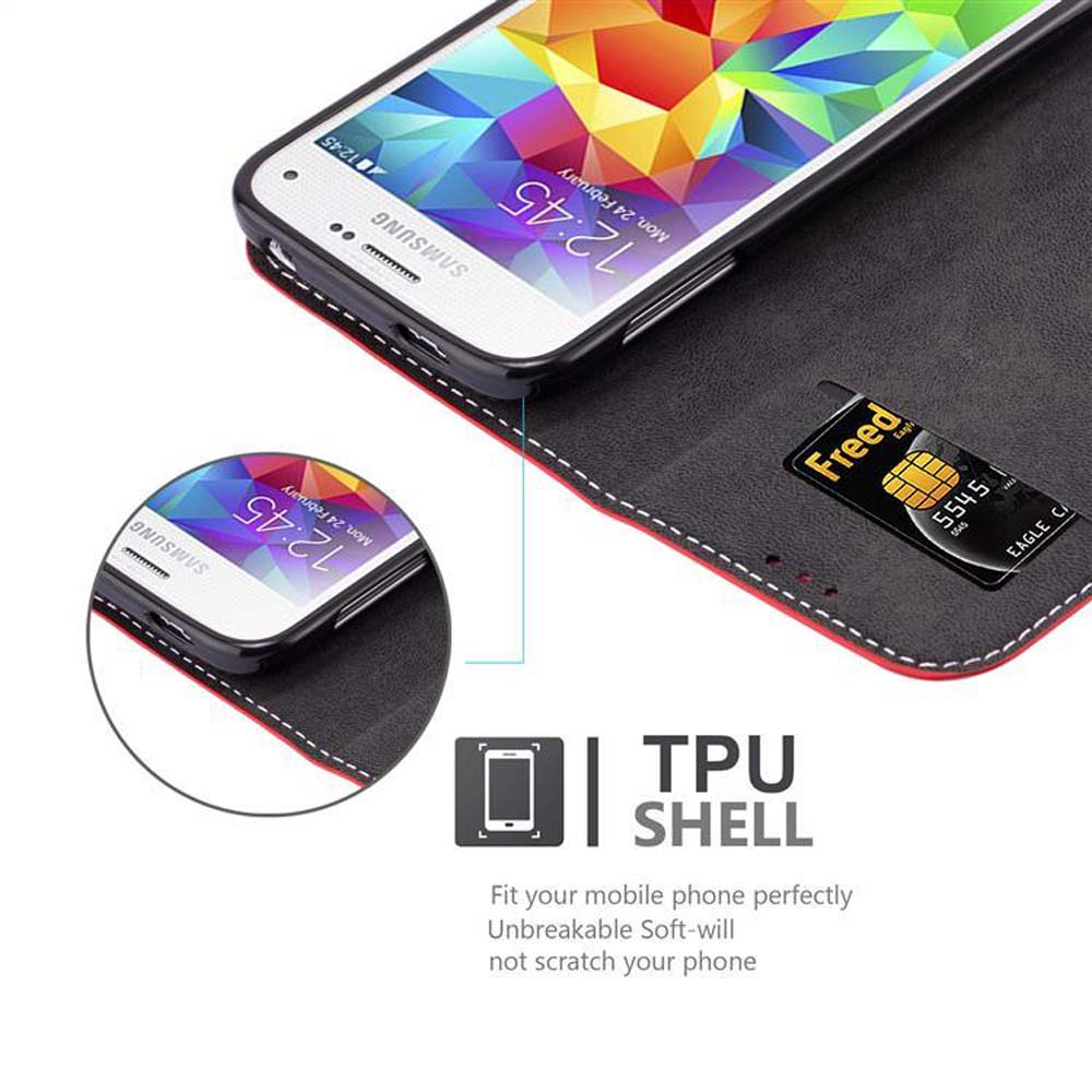 Telefono in una custodia con fessure per carte di credito. Un telefono Samsung è visibile.
