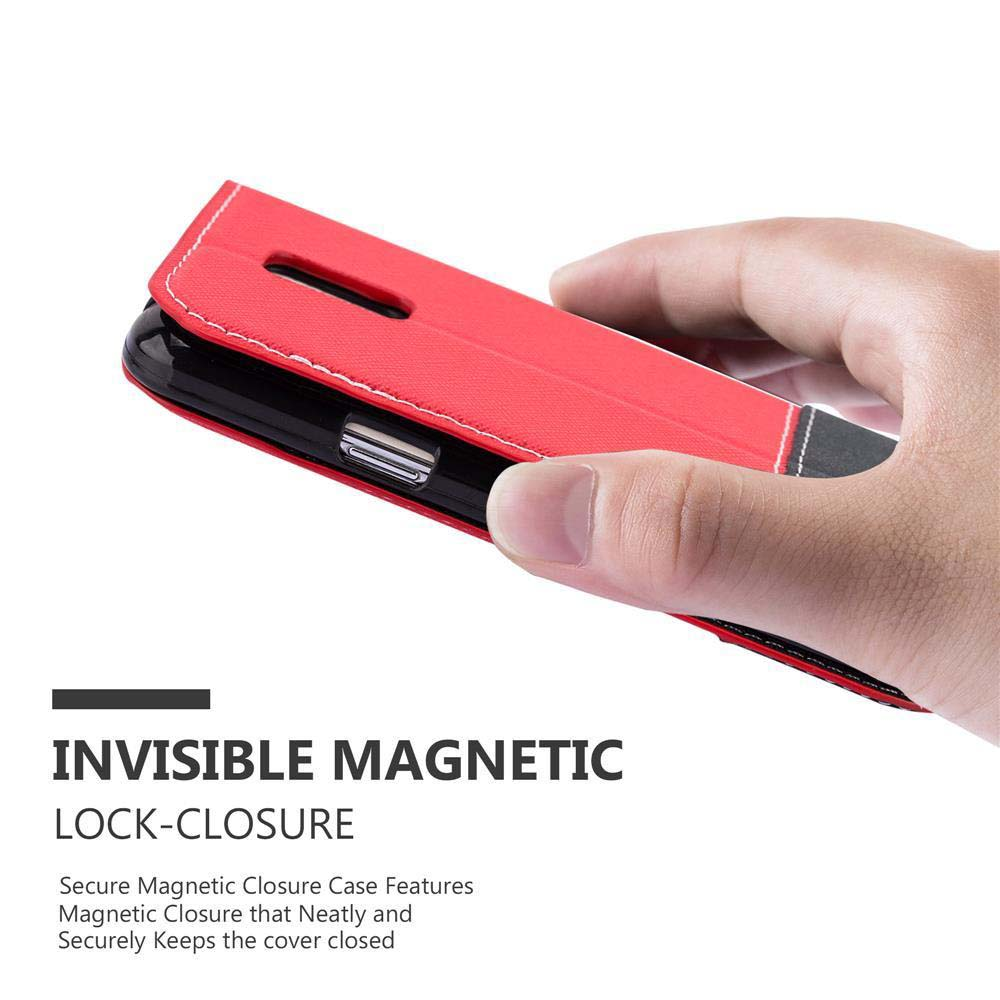 Custodia rossa, tenuta in mano. Testo 'Invisible Magnetic Lock-Closure'.