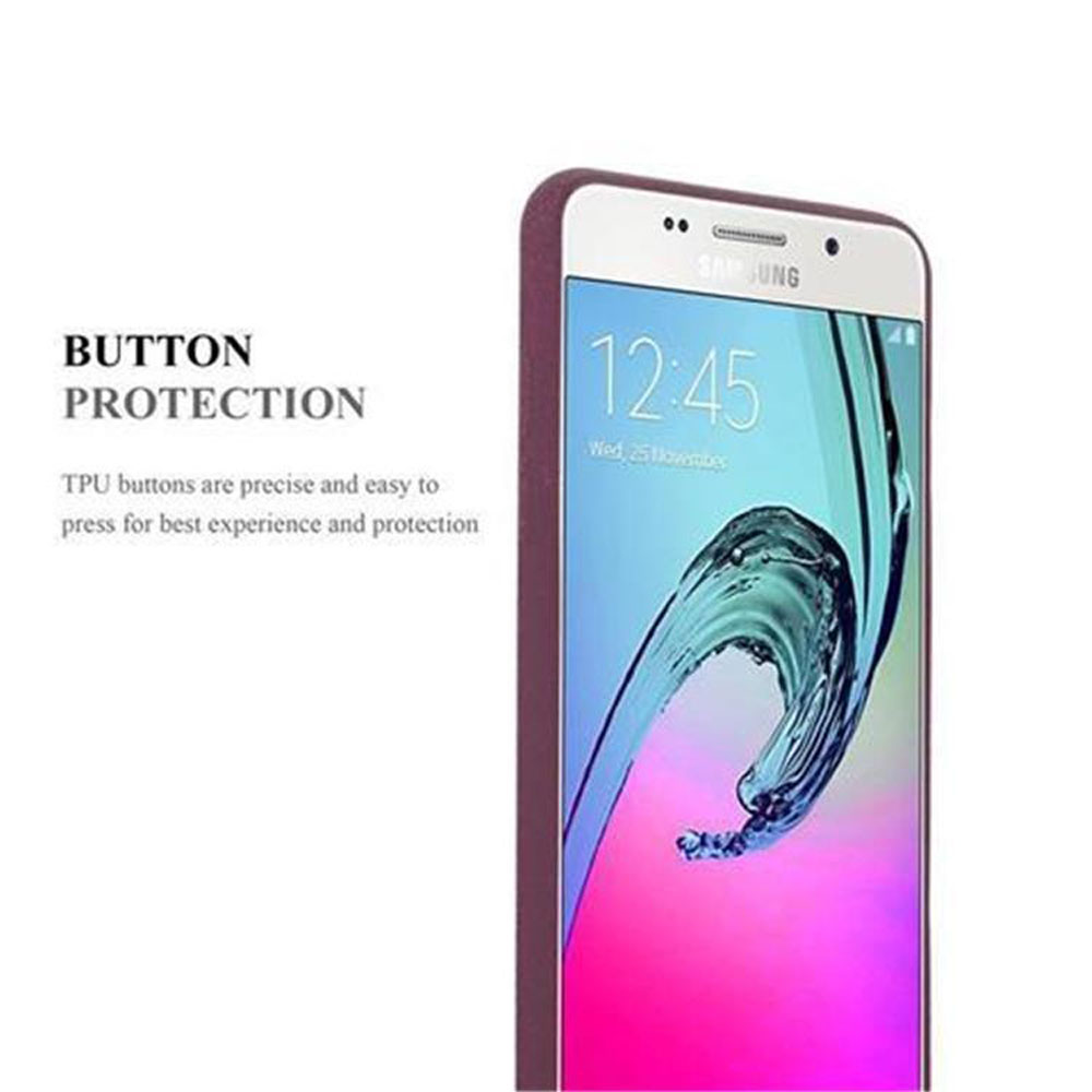 Teléfono en funda. Texto 'BUTTON PROTECTION'. Pantalla muestra degradado morado y blanco.