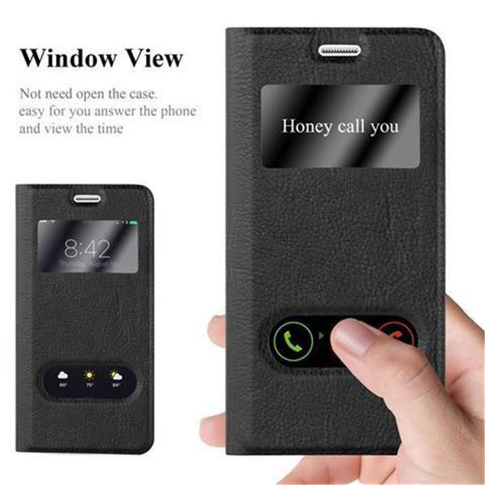 Teléfono negro en funda negra, cerrado. Muestra vista de ventana con hora y botón de llamada.