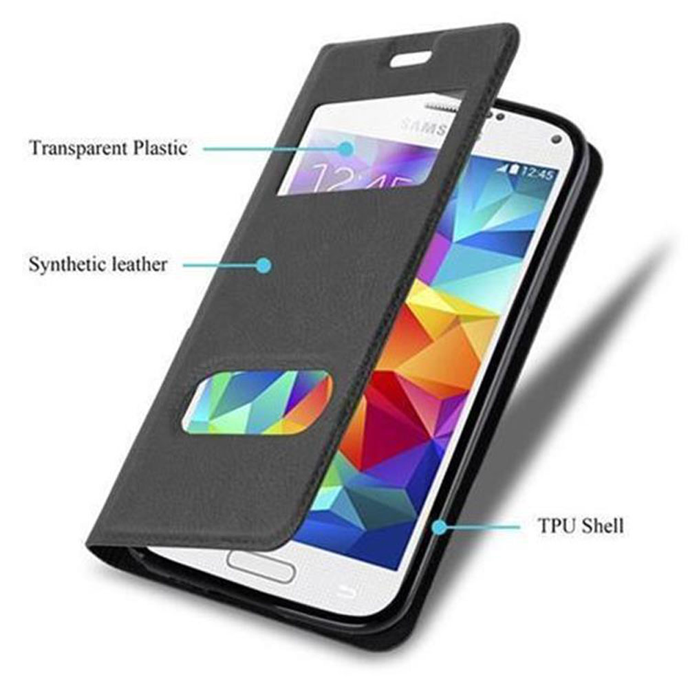Una funda de teléfono con un teléfono dentro. La funda está parcialmente abierta y el teléfono es visible.