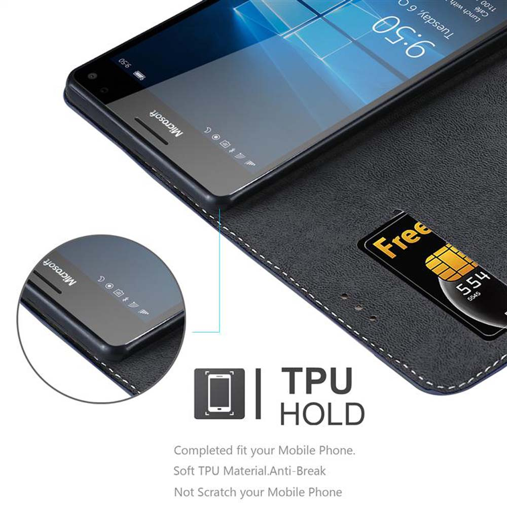 Teléfono en funda, mostrando la pantalla y el interior.