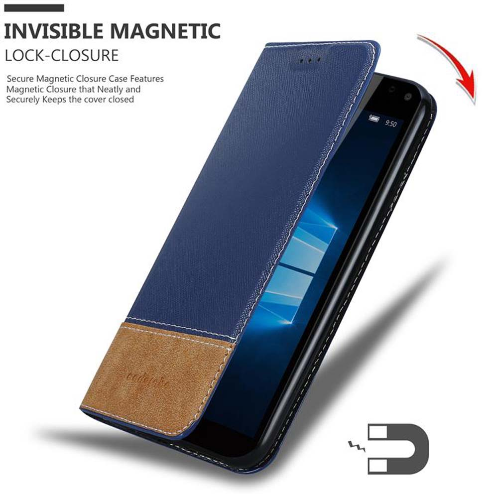 Funda de teléfono azul con parte inferior marrón. Pantalla del teléfono visible. Se muestra cierre magnético.