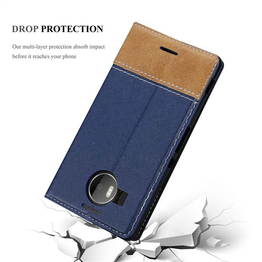 Una funda azul y marrón para teléfono con un teléfono, con el texto 'DROP PROTECTION'.