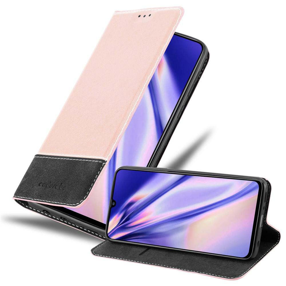 Telefono in una custodia, funzione stand, copertura rosa, con schermo visibile.