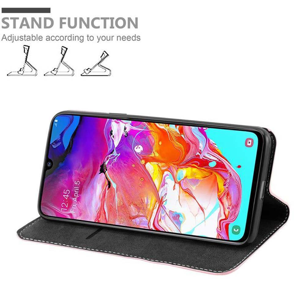 Smartphone in una custodia, che mostra lo schermo. Funzione stand con posizioni regolabili, su sfondo bianco.