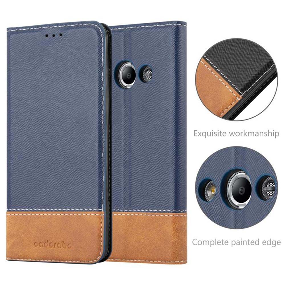 Eine Handyhülle, die das Kamera- und Telefondesign mit blauen und braunen Farben zeigt. Die Hülle ist geschlossen.