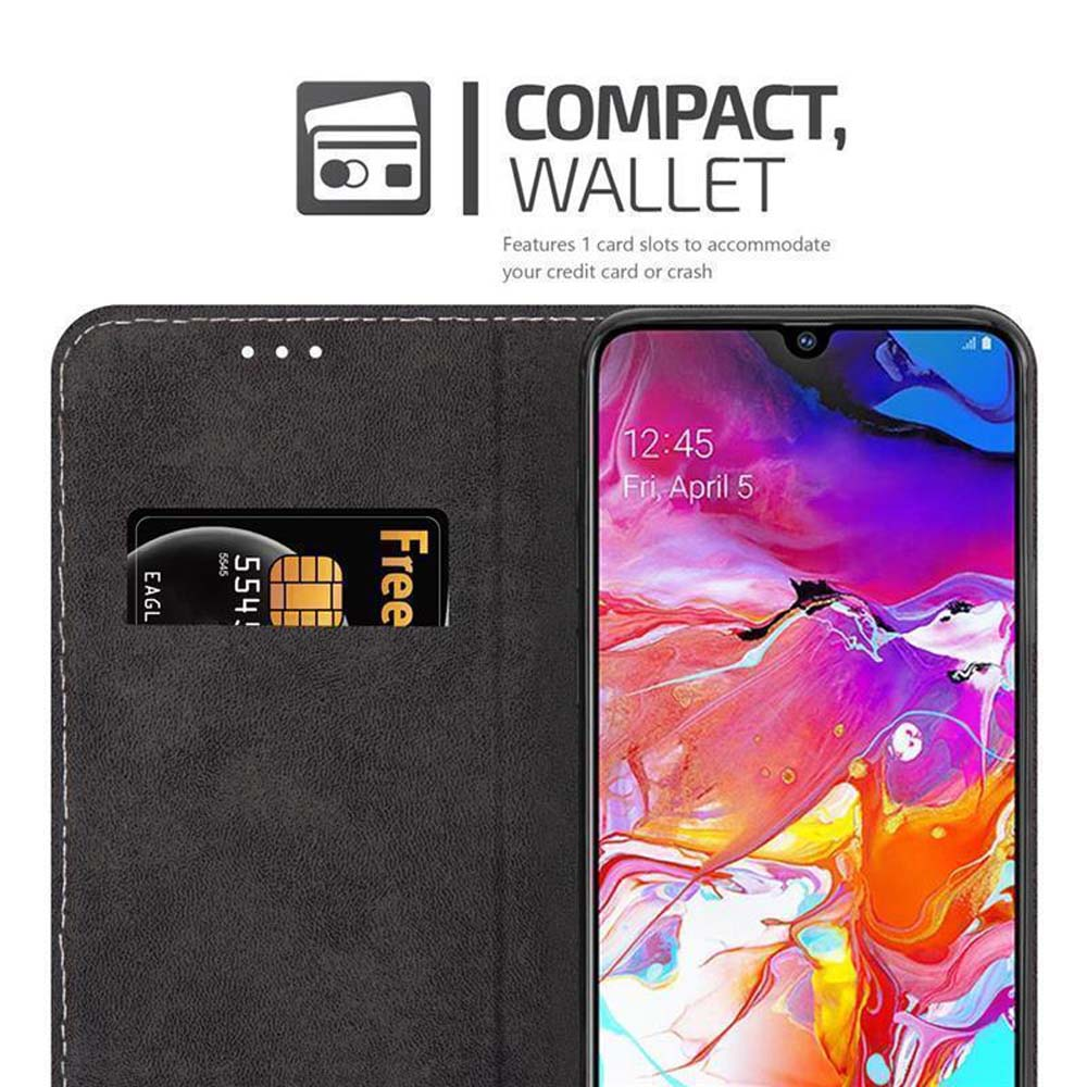 Custodia nera aperta con telefono e carta. Testo: Compact, Wallet. Ora 12:45, Ven, 5 aprile. Carta oro.