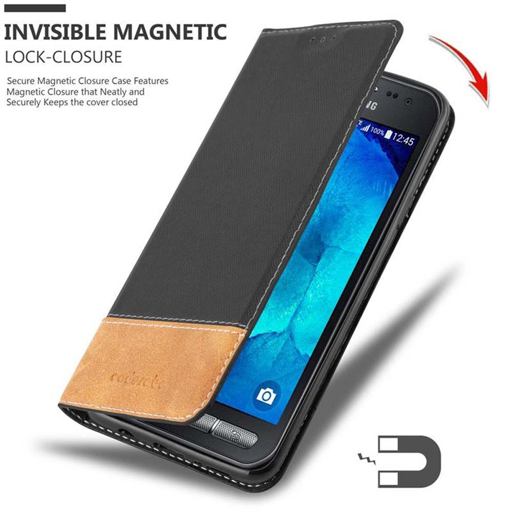 Geöffnete schwarze und hellbraune Handyhülle mit Telefon.
