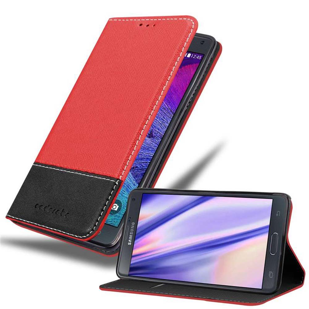 Custodia per telefono rossa e nera aperta, rivelando un telefono. Cuciture bianche. Sfondo nero e rosso. Il telefono è visibile.