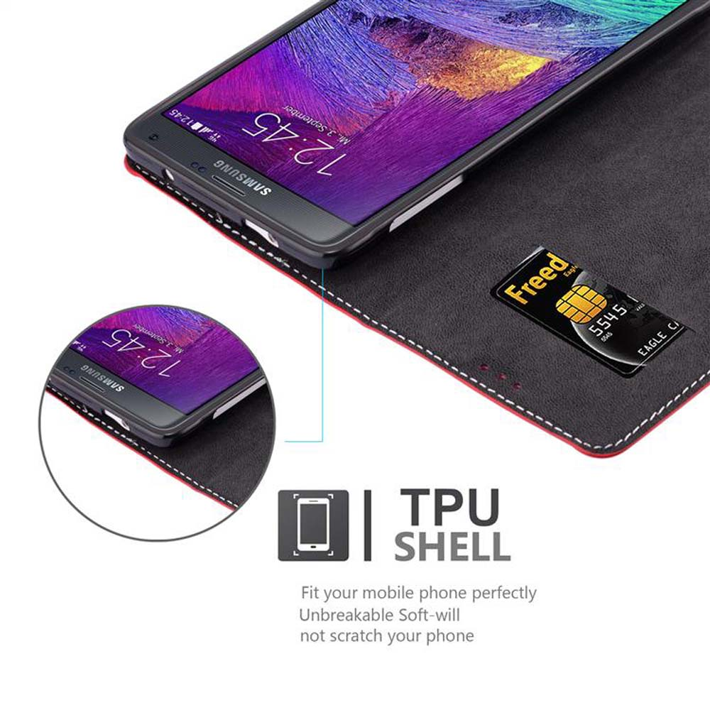 Telefono in custodia rossa con carta. Il dettaglio mostra telefono, slot per schede ed etichetta TPU SHELL.