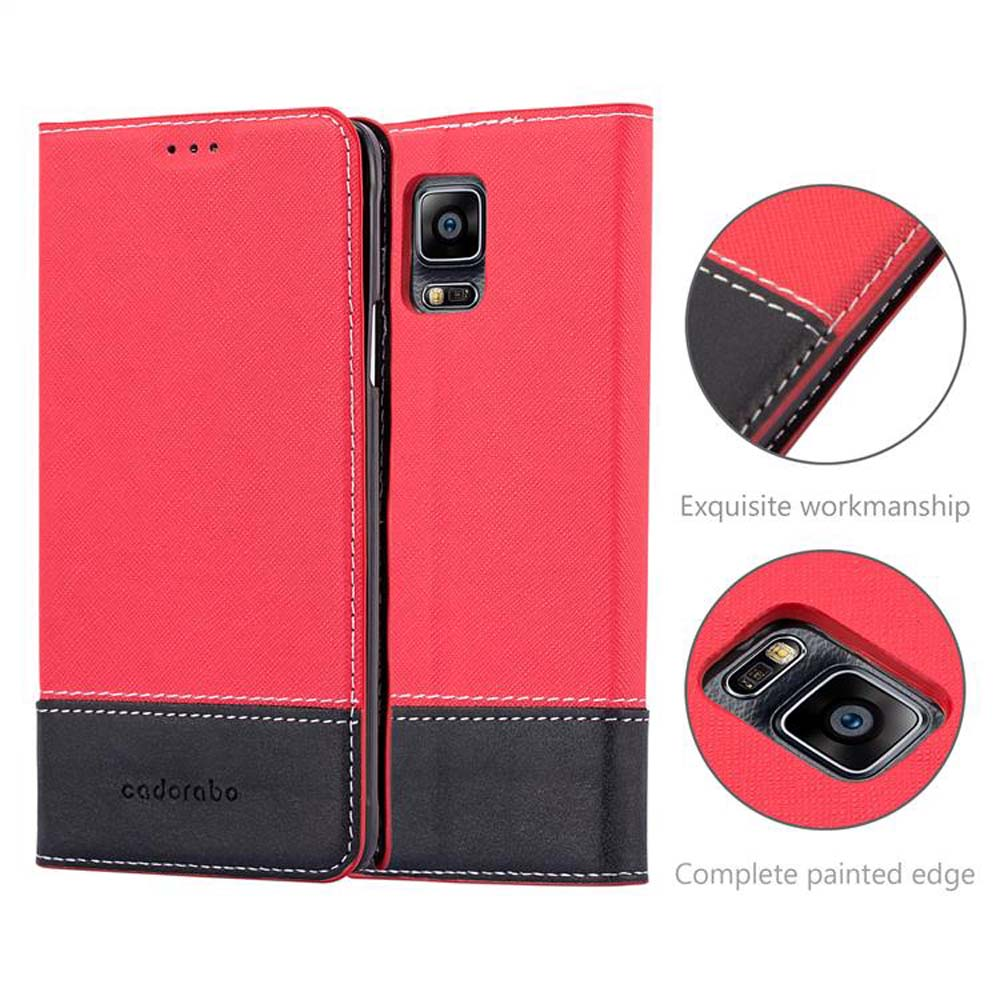 Una custodia per telefono rossa con un telefono all'interno, con due inserti circolari che mostrano i dettagli del telefono.