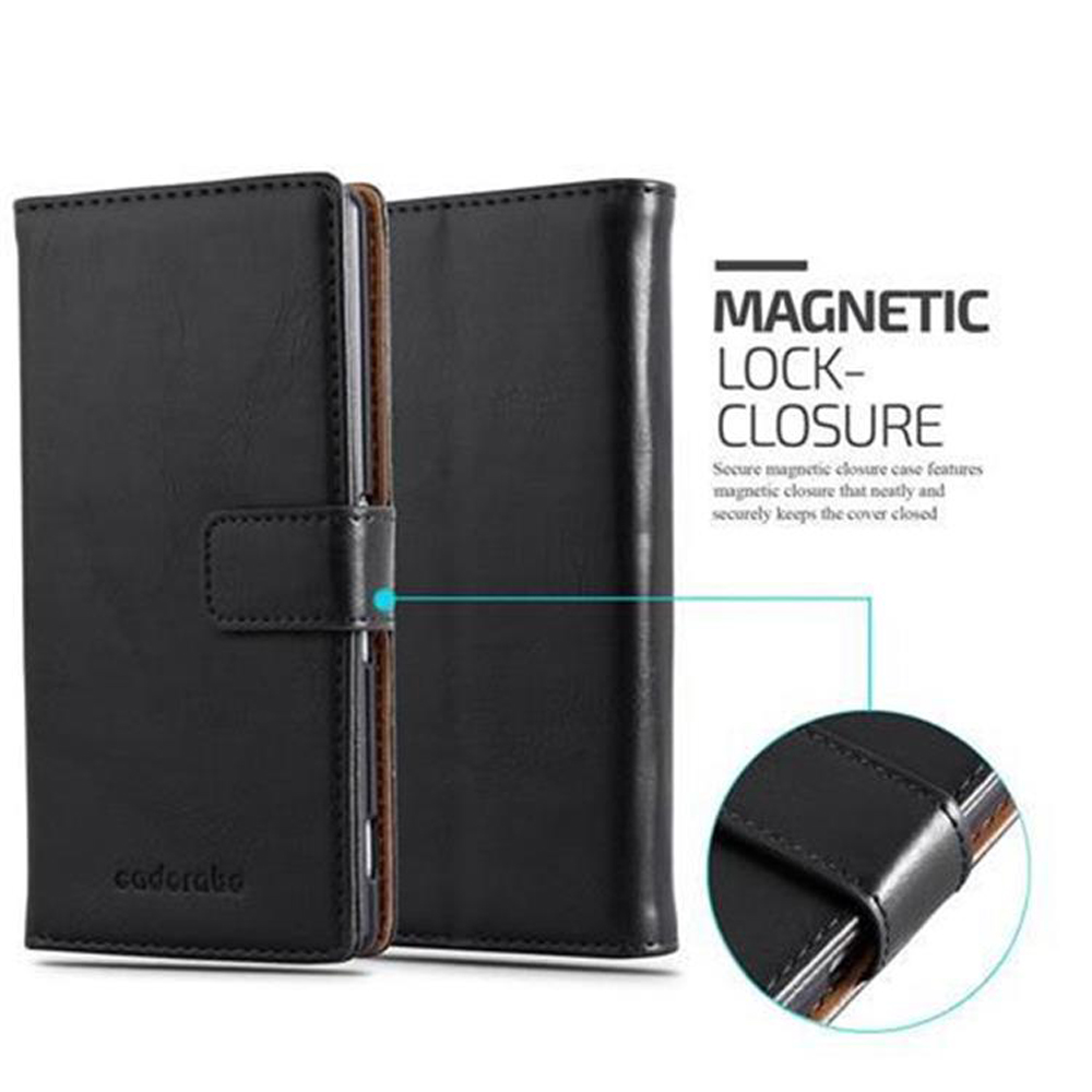 Due custodie per telefono in pelle nera, una aperta, che mostra la chiusura magnetica e la descrizione del prodotto.