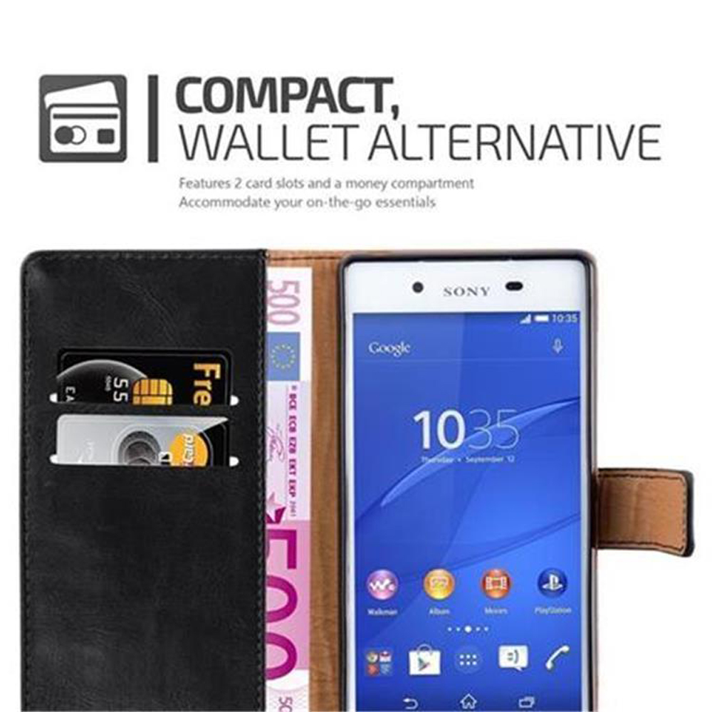 Custodia a portafoglio nera con telefono e fessure per carte. Scritto 'Alternativa al portafoglio'.