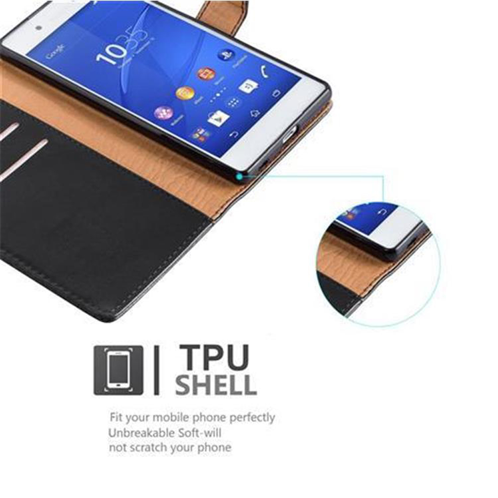 Telefono all'interno di una custodia nera e marrone. La parte inferiore della custodia ha l'etichetta 'TPU Shell'.