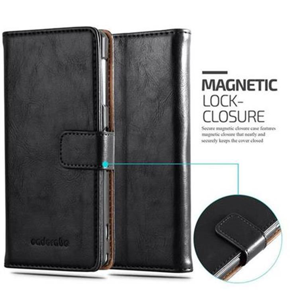 Custodia nera per telefono con chiusura magnetica. Testo 'MAGNETIC LOCK-CLOSURE'.