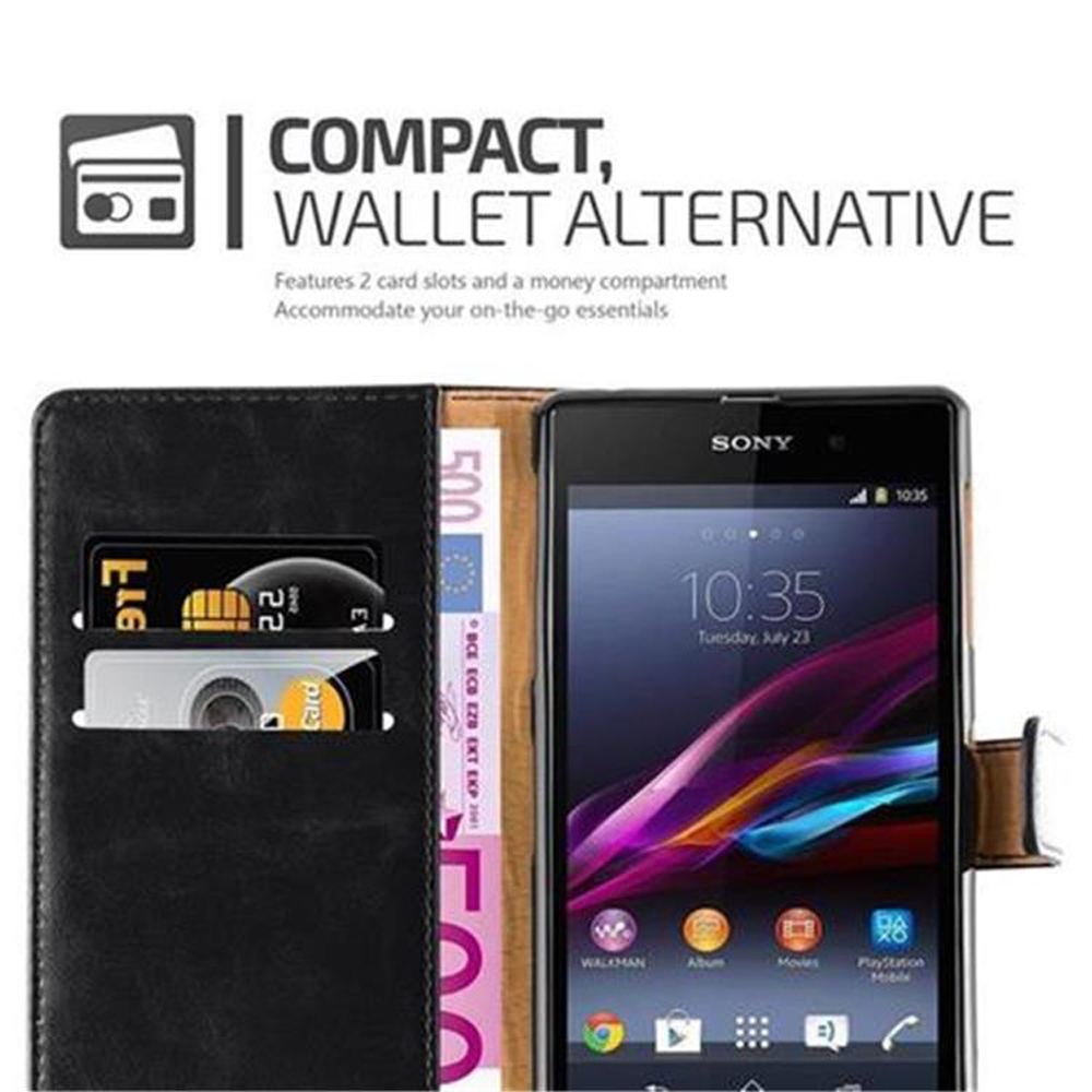 Custodia per telefono con scomparti per carte e vano portabanconote. Pelle nera con un telefono che mostra app e icone.