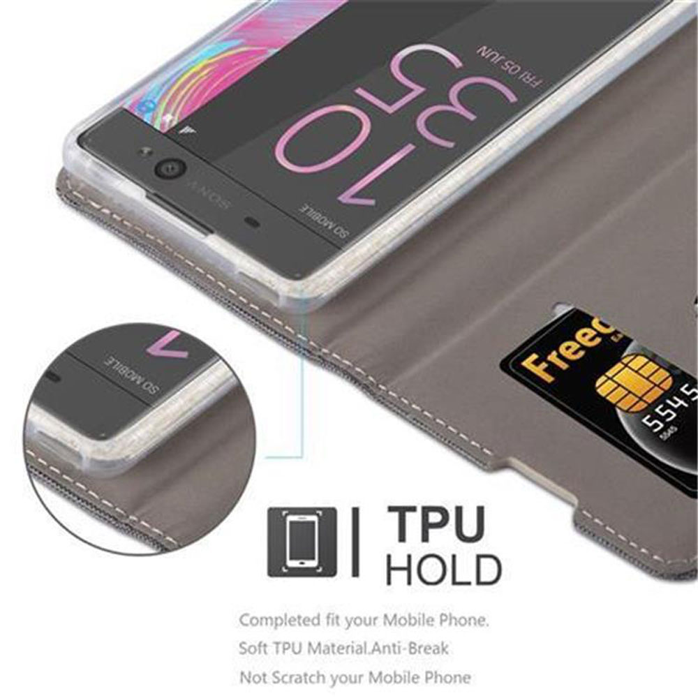 Ein Telefon befindet sich in einer Hülle, und die Hülle ist teilweise geöffnet. Der Text "TPU HOLD" ist sichtbar. Das Display des Telefons wird gezeigt.