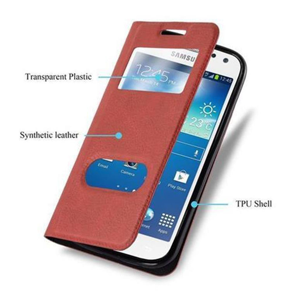 Custodia rossa aperta con telefono dentro. Finestra trasparente e pelle sintetica etichettate.