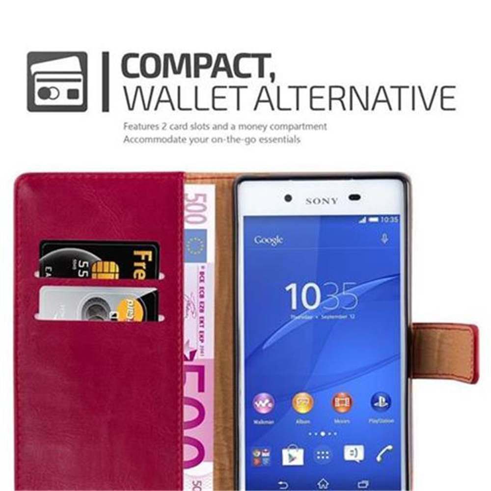 Un telefono è in una custodia a portafoglio. Sono visibili due carte e denaro.