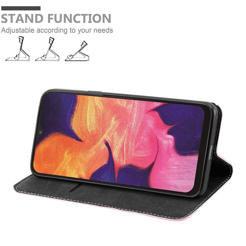 Telefono in custodia con supporto, mostra schermo colorato. Testo: Funzione stand. Regolabile in base alle tue esigenze.