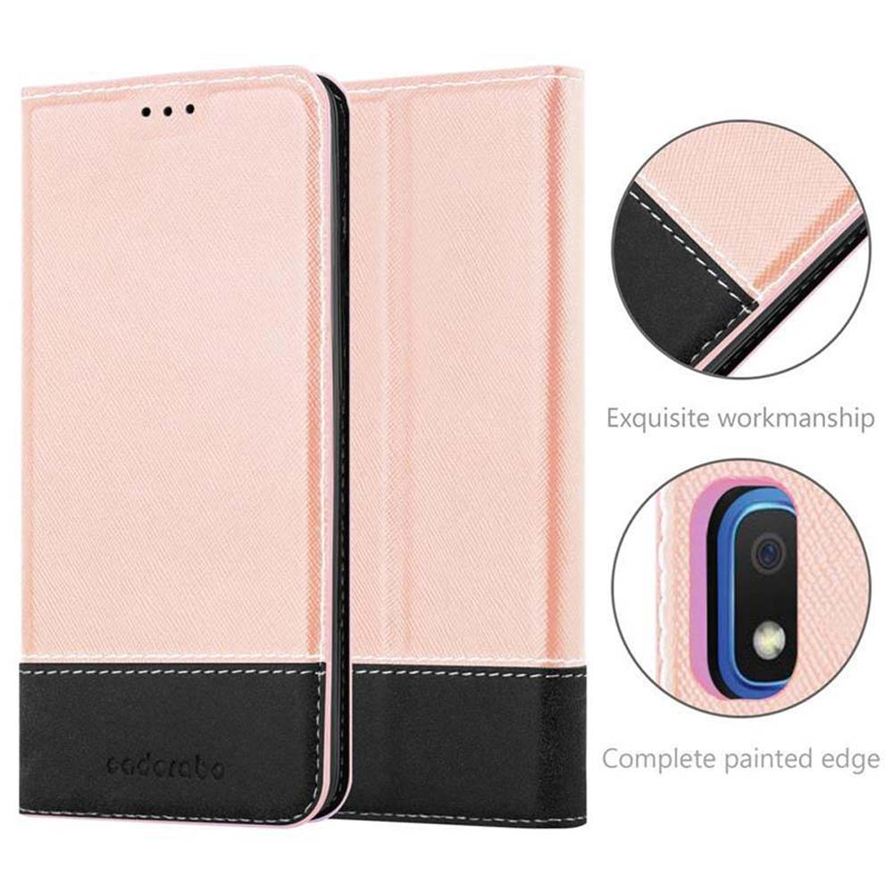 Custodia per telefono rosa e nera, aperta e chiusa, che mostra i dettagli del design.