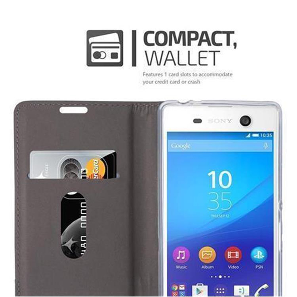 Custodia grigia per telefono con telefono dentro e fessure per carte. Testo: Compatto, Portafoglio.
