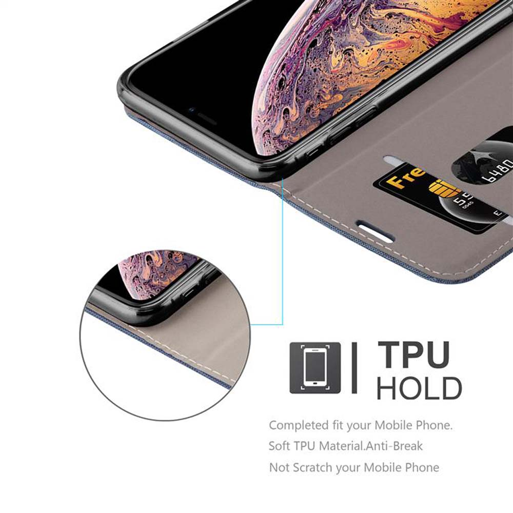 Un telefono in una custodia con fessura per carta di credito. Testo: 'TPU HOLD' e descrizione.
